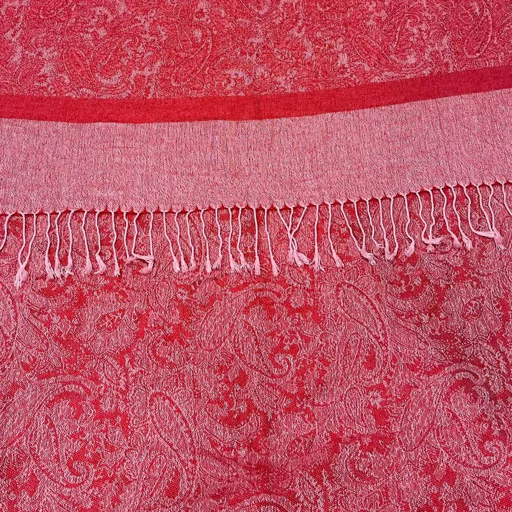 Pashmina Red & Pink Paisley Silk‎ Blend Fringed Shawl, OS